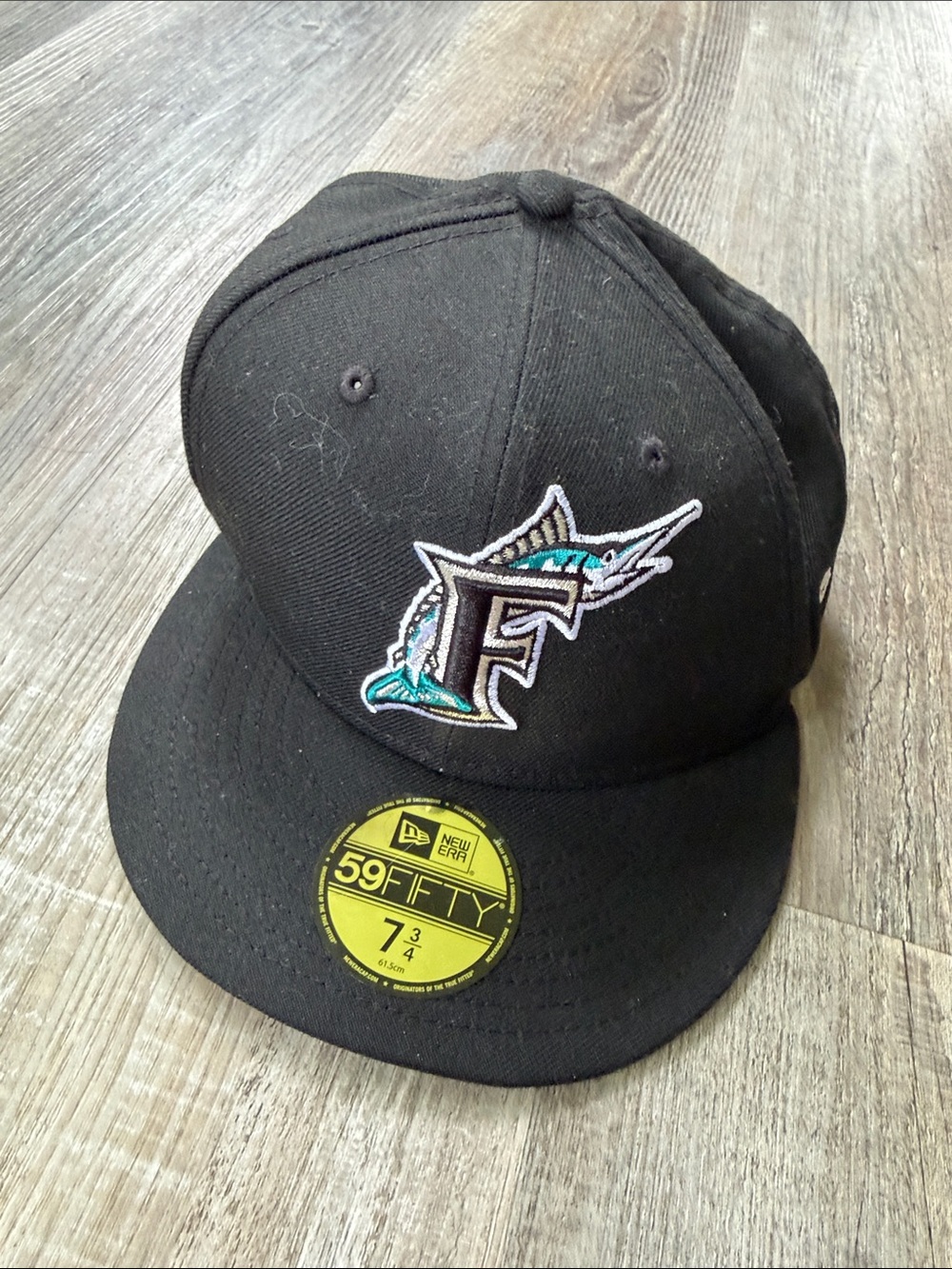 New Era Black Miami Marlins F Logo 59FIFTY Cap with Teal Accent